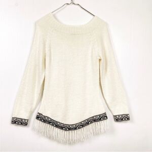 Elegant Cream Sweater with Fringe Detail